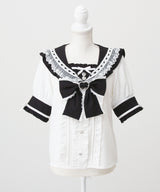 シアーギンガムフリルレースリボンセーラーブラウス