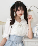 丸襟フリルヨークレースリボンブラウス