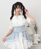 丸襟フリルヨークレースリボンブラウス