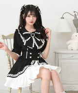 丸襟フリルヨークレースリボンブラウス