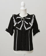 丸襟フリルヨークレースリボンブラウス