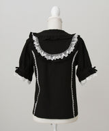 丸襟フリルヨークレースリボンブラウス