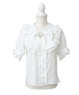 丸襟フリルヨークレースリボンブラウス