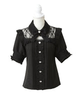 レース重ねフリルリボンビジューブラウス