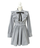 ビジュー襟フリルギャザーシャツワンピース