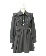 ビジュー襟フリルギャザーシャツワンピース