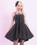 コルセット風レースアップベアデニムワンピ