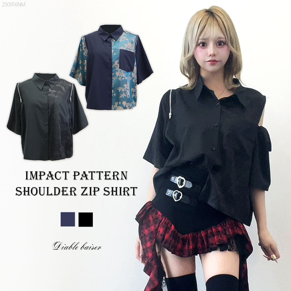 インパクト柄配色肩ジップ開き半袖シャツトップス – レディース