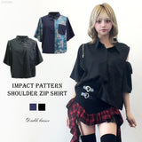 インパクト柄配色肩ジップ開き半袖シャツトップス
