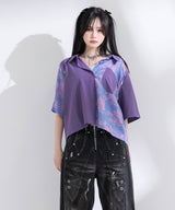 インパクト柄配色肩ジップ開き半袖シャツトップス