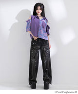 インパクト柄配色肩ジップ開き半袖シャツトップス