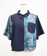 インパクト柄配色肩ジップ開き半袖シャツトップス