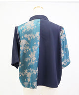 インパクト柄配色肩ジップ開き半袖シャツトップス