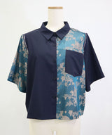 インパクト柄配色肩ジップ開き半袖シャツトップス