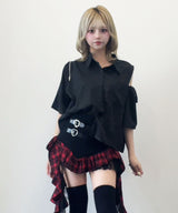 インパクト柄配色肩ジップ開き半袖シャツトップス