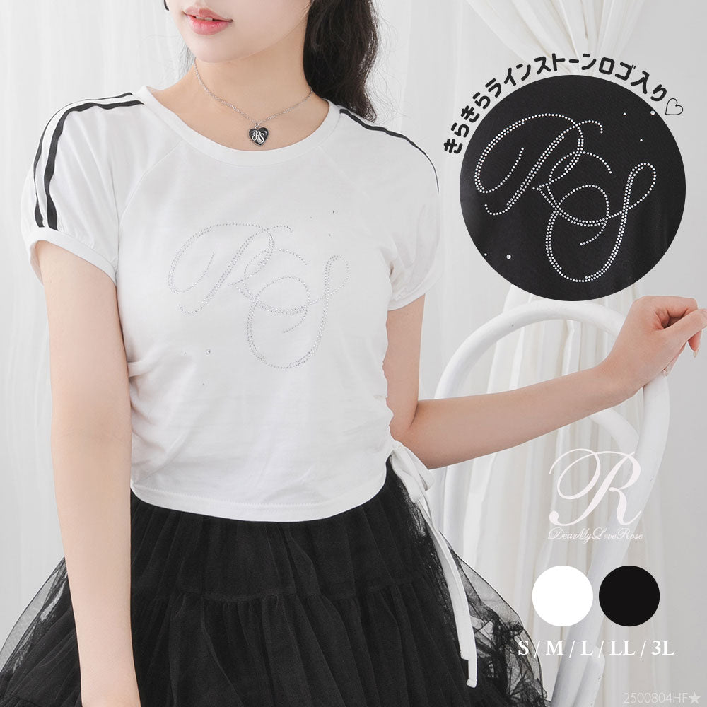 メール便】サイドドロストラインストーンロゴTシャツ【大きいサイズ