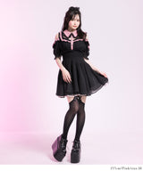 ミニ丈/ロング丈肌魅せウエストシャーリングフレアシフォンワンピース【大きいサイズ有】