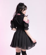 ミニ丈/ロング丈肌魅せウエストシャーリングフレアシフォンワンピース【大きいサイズ有】