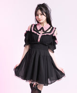 ミニ丈/ロング丈肌魅せウエストシャーリングフレアシフォンワンピース【大きいサイズ有】