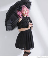 ミニ丈/ロング丈肌魅せウエストシャーリングフレアシフォンワンピース【大きいサイズ有】