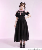 ミニ丈/ロング丈肌魅せウエストシャーリングフレアシフォンワンピース【大きいサイズ有】