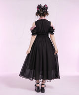 ミニ丈/ロング丈肌魅せウエストシャーリングフレアシフォンワンピース【大きいサイズ有】