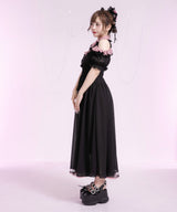 ミニ丈/ロング丈肌魅せウエストシャーリングフレアシフォンワンピース【大きいサイズ有】