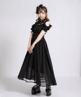 ミニ丈/ロング丈肌魅せウエストシャーリングフレアシフォンワンピース【大きいサイズ有】