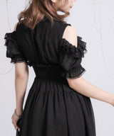 ミニ丈/ロング丈肌魅せウエストシャーリングフレアシフォンワンピース【大きいサイズ有】