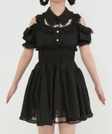 ミニ丈/ロング丈肌魅せウエストシャーリングフレアシフォンワンピース【大きいサイズ有】