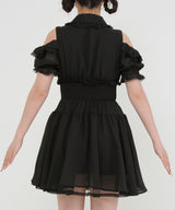 ミニ丈/ロング丈肌魅せウエストシャーリングフレアシフォンワンピース【大きいサイズ有】