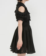 ミニ丈/ロング丈肌魅せウエストシャーリングフレアシフォンワンピース【大きいサイズ有】