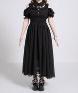 ミニ丈/ロング丈肌魅せウエストシャーリングフレアシフォンワンピース【大きいサイズ有】