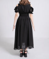 ミニ丈/ロング丈肌魅せウエストシャーリングフレアシフォンワンピース【大きいサイズ有】