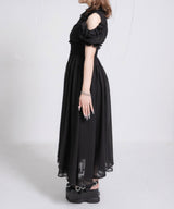 ミニ丈/ロング丈肌魅せウエストシャーリングフレアシフォンワンピース【大きいサイズ有】