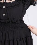 ミニ丈/ロング丈肌魅せウエストシャーリングフレアシフォンワンピース【大きいサイズ有】