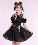 ミニ丈/ロング丈肌魅せウエストシャーリングフレアシフォンワンピース【大きいサイズ有】