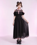 ミニ丈/ロング丈肌魅せウエストシャーリングフレアシフォンワンピース【大きいサイズ有】