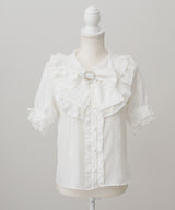 丸襟フリルヨークレースリボンブラウス