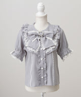 丸襟フリルヨークレースリボンブラウス