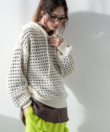 透かし編みフーディーメッシュプルオーバーニット