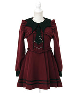 コウモリ襟チェーンボタンフリルプリーツワンピース