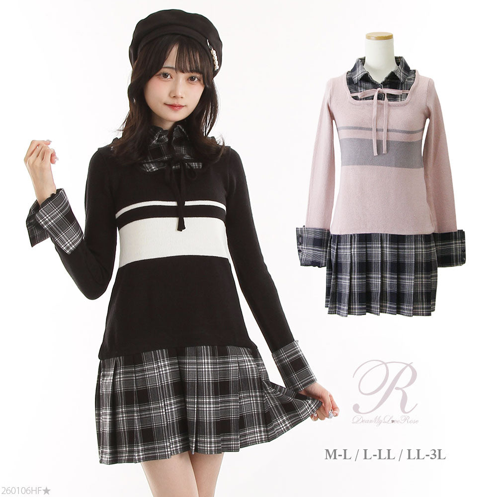 シャツドッキングプリーツニットワンピース【大きいサイズ有り