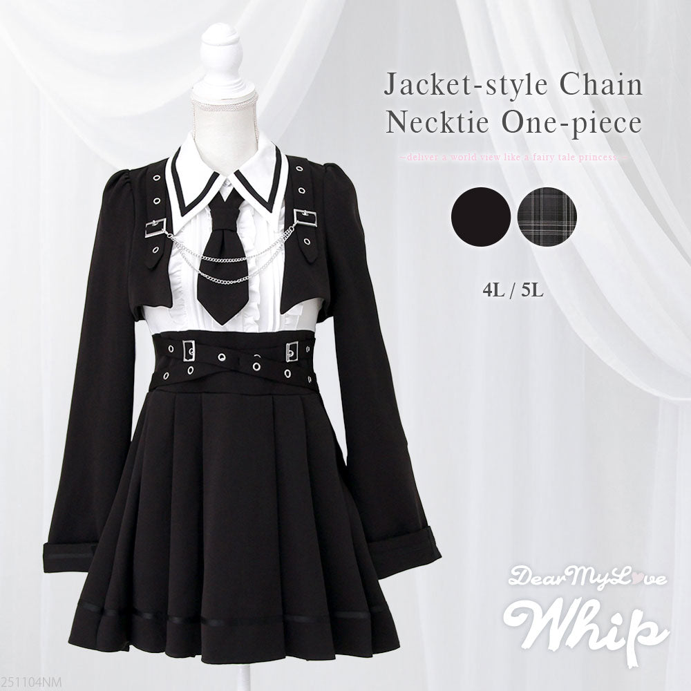 ジャケット風チェーンネクタイベルトプリーツワンピース　whip チェック　5L ジャケット風チェーンネクタイベルトプリーツワンピース – レディース