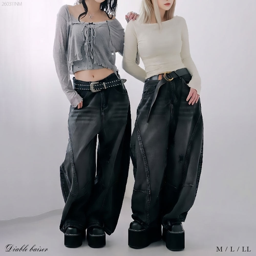 シベリアヒルズ　デニムパンツ　28　ブラック　グランジ グランジ系ワイドバギーバルーンバレルデニムパンツ – レディース