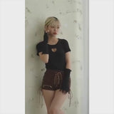 【メール便】バストハート開きクルーネックリブ半袖ニットトップス