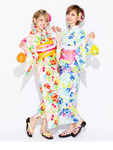 ハイビスカス&チェリートロピカル柄高級平織り浴衣+帯2点セット