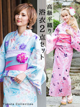 ドット×バラファンシー柄or花×流れ柄 高級平織り浴衣+帯2点セット