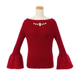 ゴージャスビジュー付袖シャギーニットトップス