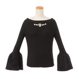 ゴージャスビジュー付袖シャギーニットトップス